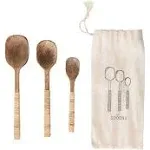 Creative Co-op Mango Wood Spoons with Bamboo Wrapped Handles, Set of 3 in Printed Drawstring Bag