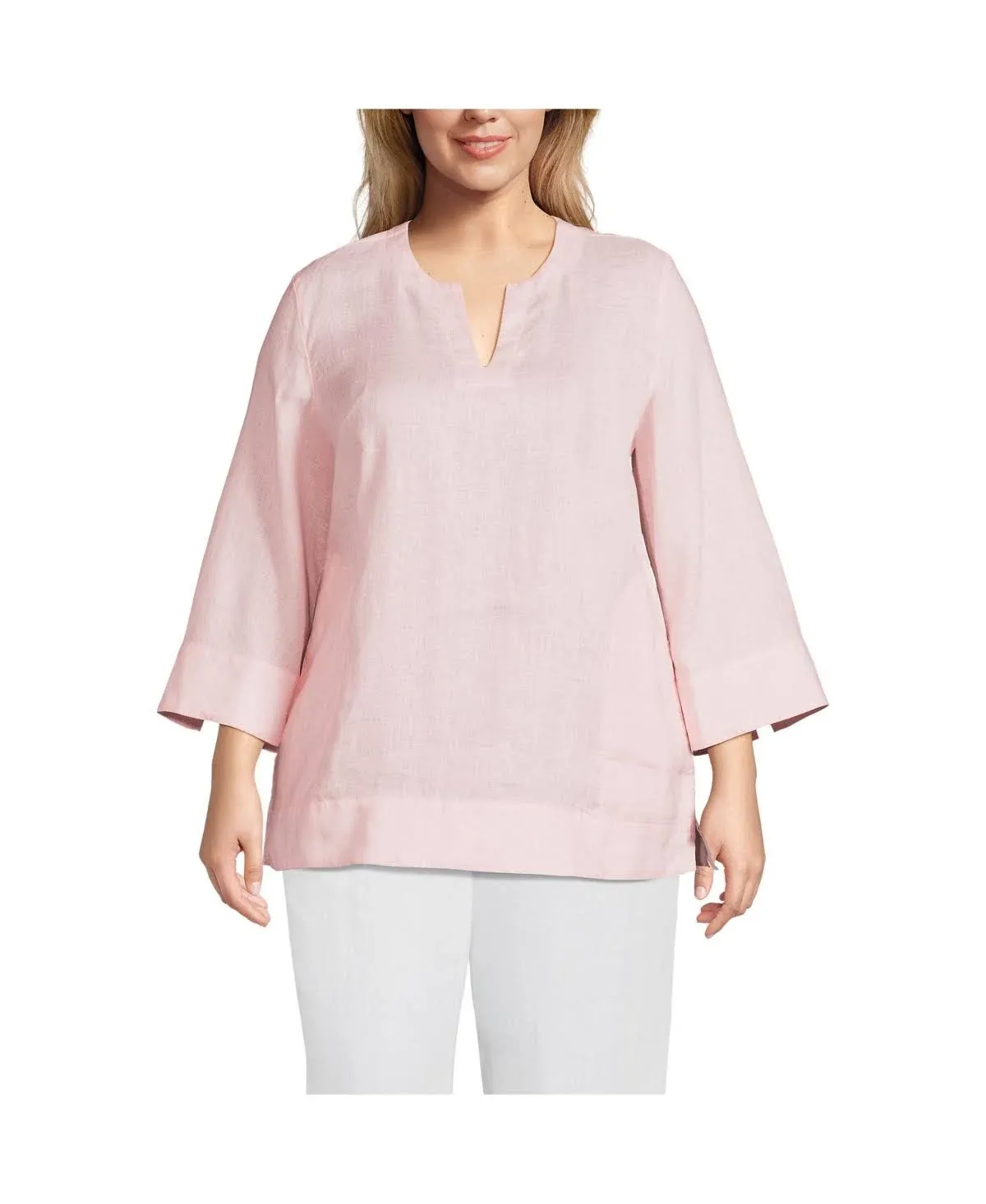 Lands' End Women's Plus Size Linen Split Neck Tunic Top - 2x - Simply Pink