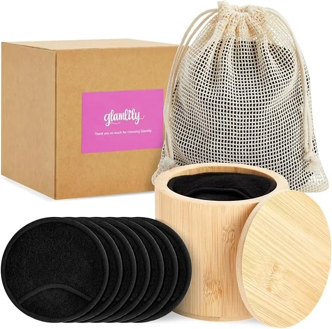 Glamlily 16 Pack Reusable Cotton Rounds, Black Makeup Remover Face Pads, Make Up Removal Cloths with Storage Holder Bag