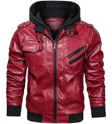 HOOD CREW Men’s Casual Stand Collar PU Faux Leather Zip-Up Motorcycle Bomber Jacket With a Removable Hood