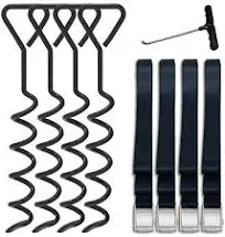 Eurmax USA Trampoline Stakes Heavy Duty Trampoline Parts Corkscrew Shape Steel Stakes Anchor Kit with T Hook for Trampolines -Set of 4 Bonus 4 Strong Belt