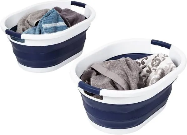 Honey Can Do Navy Blue/White Collapsible Rubber Laundry Baskets (Set of 2)