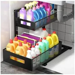 2-Tier Metal Under Sink Organizer, Pull Out Smoothly Under Kitchen Sink Organ...