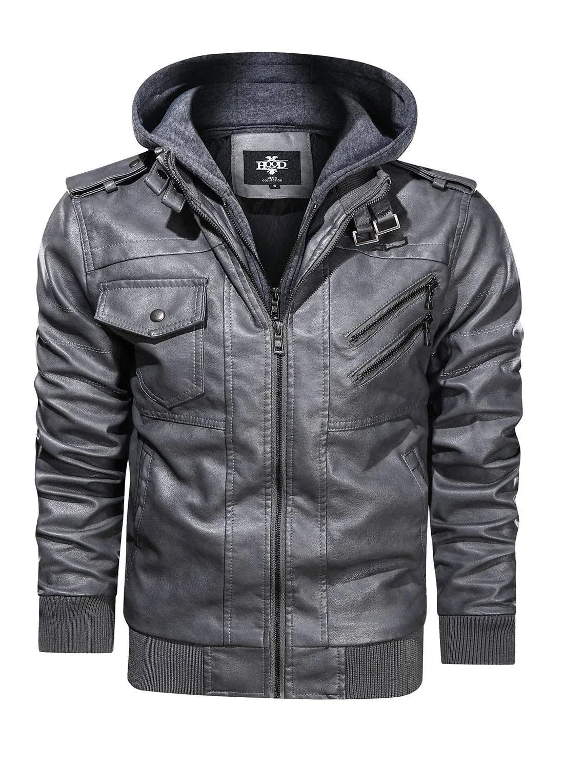 HOOD CREW Men’s Casual Stand Collar PU Faux Leather Zip-Up Motorcycle Bomber Jacket With a Removable Hood