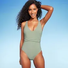 Shade & Shore Women's Ribbed Plunge Twist-Front One Piece Swimsuit