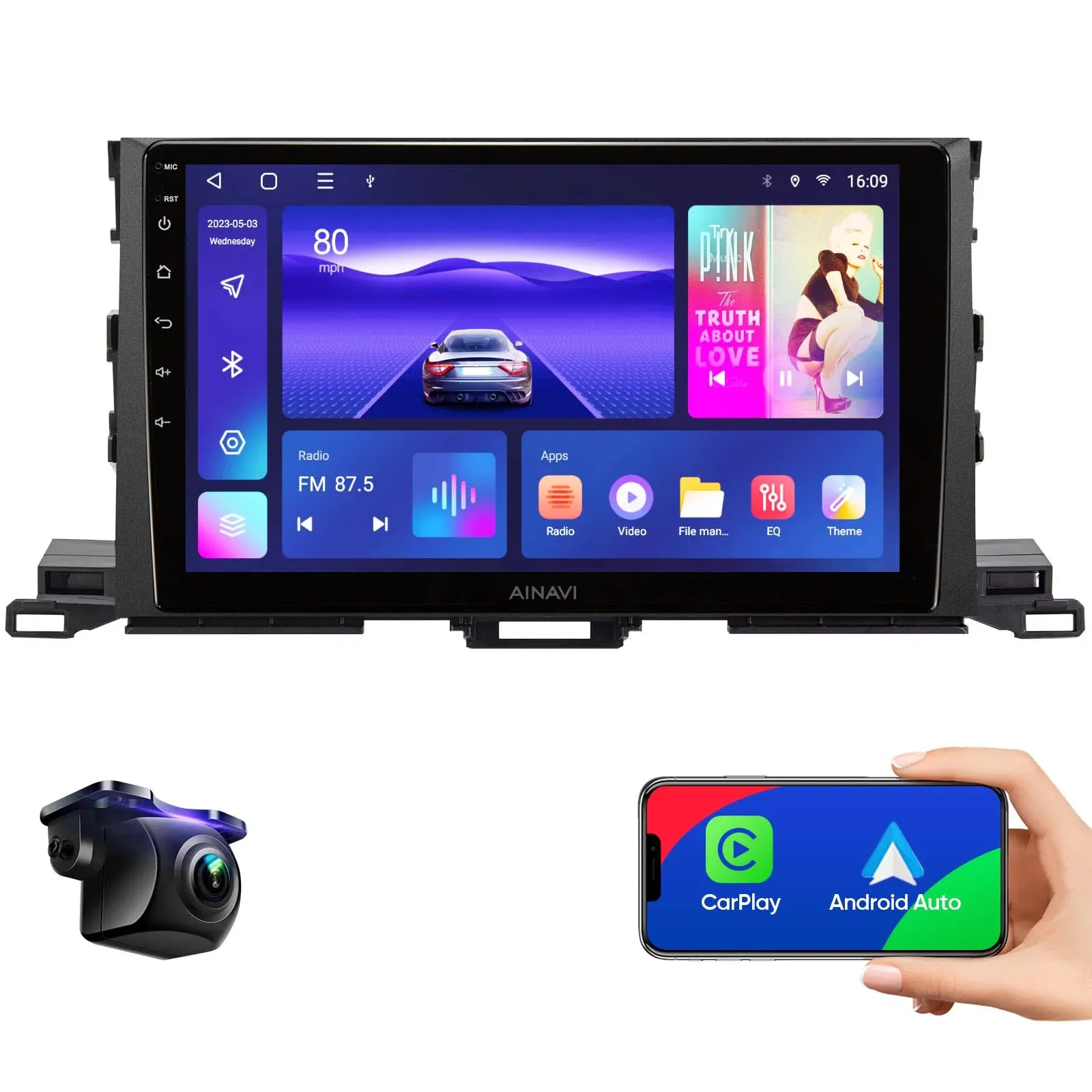 Ainavi 10.2-inch Android 12 Car Stereo for Toyota Highlander (2014-2019) with Carplay, Android Auto, GPS, WiFi