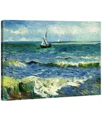 Wieco Art Framed Wall Art Canvas Prints Seascape at Saintes Maries by Vincent Van Gogh Modern Giclee Canvas Prints Sea Pictures on Canvas Wall Art for Living Room Home Decorations Black Frame