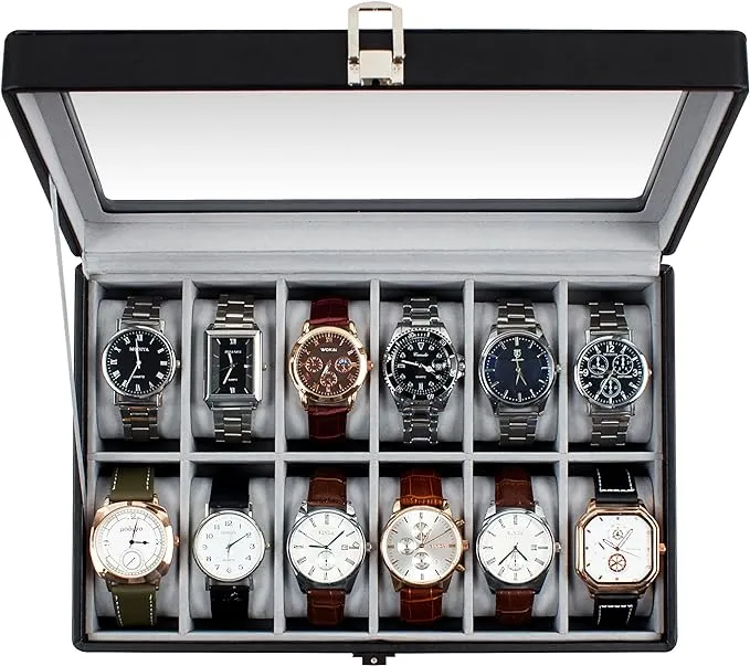 GUKA Watch Box, 12 Slot Watch Case with Large Real Glass Lid, Watch Organizer with Removable Watch Pillow, Black Synthetic Leather Watch Display, Black