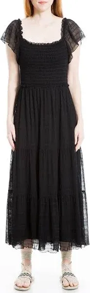 Max Studio London Flutter Sleeve Smocked Midi Dress Size S Small Black NWT $148