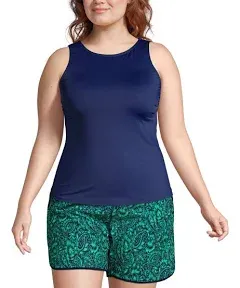 Women's D-Cup Chlorine Resistant High Neck UPF 50 Modest Tankini Swimsuit Top - Lands' End - Blue - 12