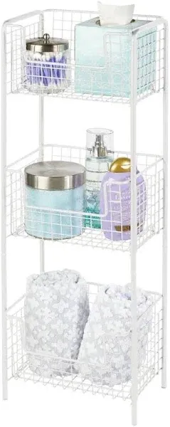 mDesign Steel Freestanding 3-Tier Storage Organizer Tower with Baskets - White