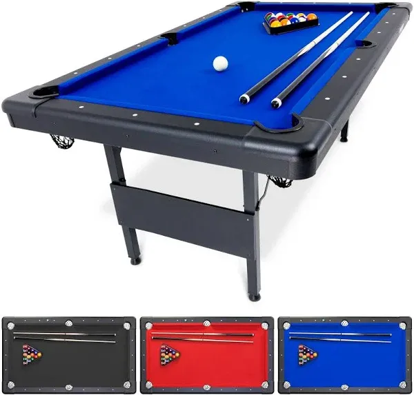 GoSports 6 ft Billiards Table - Portable Pool Table - Includes Full Set of Balls, 2 Cue Sticks, Chalk, and Felt Brush - Blue