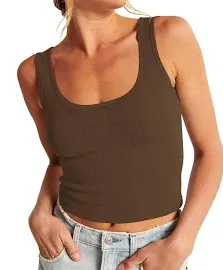 Artfish Women's Sleeveless Shirt Ribbed Fitted Scoop Neck Basic Long Crop Tank Top V Notch