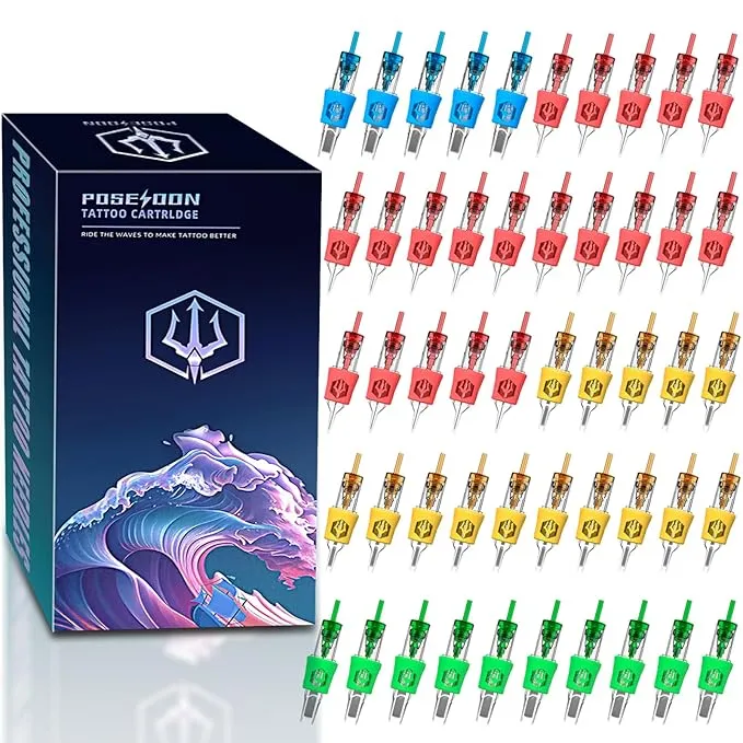 Poseidon 50Pcs Tattoo Cartridge Assorted Mixed Size Round Liner Shader