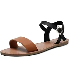 SANDALUP\xa0Women’s Soft Faux Leather Open Toe and Ankle Strap Buckle Flat Sandals