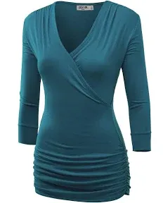 Lock and Love Women's 3/4 Sleeve Cross Front Wrapped V Neck Top