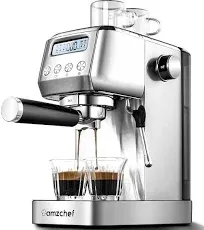 amzchef Espresso Machines 20 Bar, Espresso Maker with Milk Frother & LCD Panel, Adjustable Temp, Compact Cappuccino Machines for Home Gifts, Stainless Steel