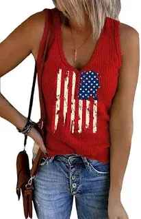 Womens American Flag Button V-Neck Tank Coloful Printed Sleeveless Patriotic Shirts Summer Tops