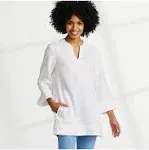 Lands' End Women's Linen Split Neck Tunic Top - Medium - White