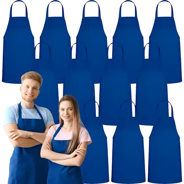 GREEN LIFESTYLE 12 Pack Bib Apron - Unisex Royal Blue Aprons, Machine Washable Aprons for Men and Women, Kitchen Cooking BBQ Aprons Bulk (Pack of 12, No Pockets, Royal Blue)