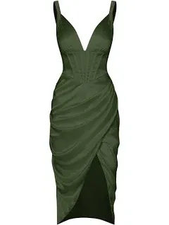 ZAFUL Women's Silky Pleated Draped Bustier Corset-Style Deep V Neck Midi Dress