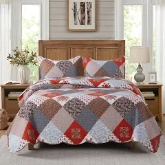 Travan Floral Printed Quilt Sets 3-Piece Super Soft Lightweight Queen Size Bedspread with Shams Reversible Quilted Bedding Set, Red, Queen