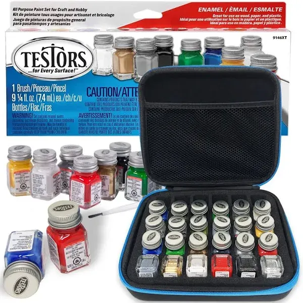 Testors Model Paint Enamel 10pc Paint Set, Pixiss Model Paint Storage Case for Testors Paints (Holds 30 Bottles) (Military Colors)