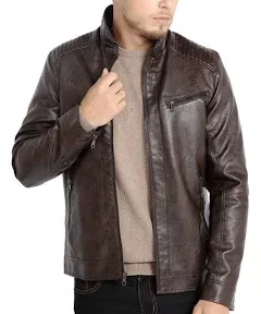 WULFUL Men's Stand Collar Leather Jacket Motorcycle Faux Leather Jackets Outwear