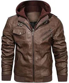 HOOD CREW Men’s Casual Stand Collar PU Faux Leather Zip-Up Motorcycle Bomber Jacket With a Removable Hood