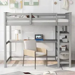 Full Loft Bed with Desk and Storage Shelves