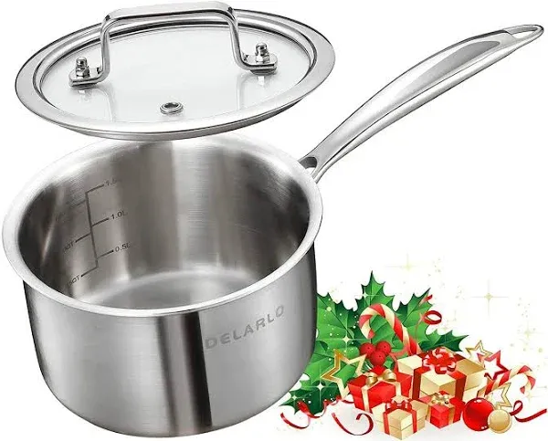 DELALRO Tri-Ply Stainless Steel 2.5 QT Saucepan with Lid, Heavy Duty Induction Pot, Fast Even Heat, Fuel Saving, Induction Cookware, Kitchen and Dining Steel Saucepan