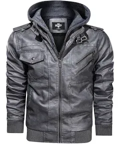 HOOD CREW Men’s Casual Stand Collar PU Faux Leather Zip-Up Motorcycle Bomber Jacket With a Removable Hood