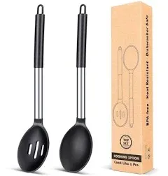 Pack of 2 Large Silicone Cooking Spoons Non-Stick Stainless Steel Slotted and...