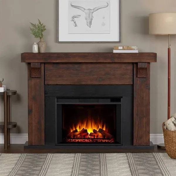 Real Flame Gunnison Grand 64” Electric Fireplace with Mantel for Living Room or Bedroom, Replaceable Fireplace Insert Heater, Realistic Log and Flame Effect, Remote Control, Timer, Barnwood