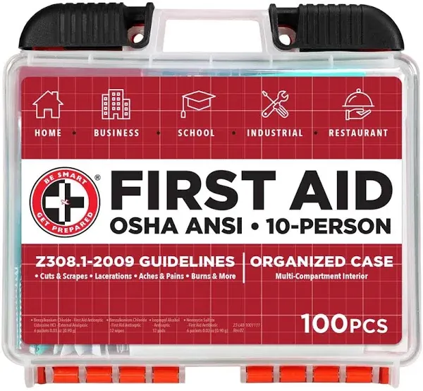 Be Smart Get Prepared 100Piece First Aid Kit, Exceeds OSHA Ansi Standards for 10