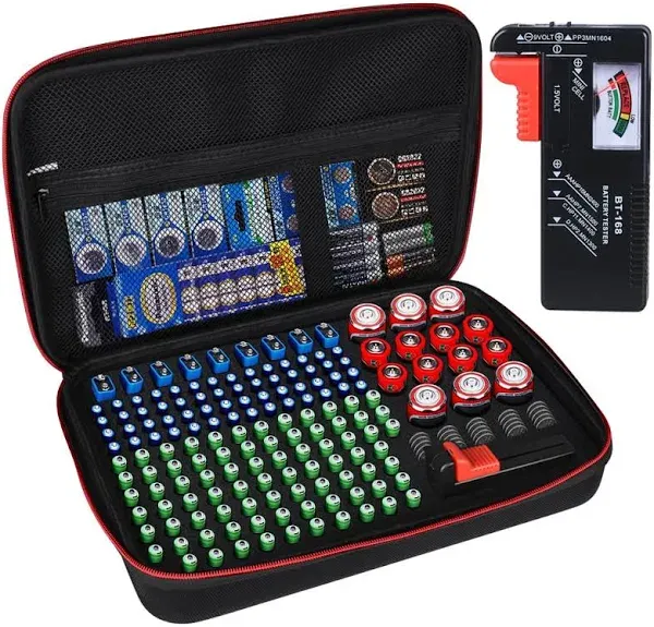 Battery Organizer Storage Box with Tester:Battery Vault Case Fireproof Waterproof Explosionproof Holder Box with Tester BT-168 Checker Carrying Case Container Bag Fit for 200+ Batteries AA AAA C D 9V