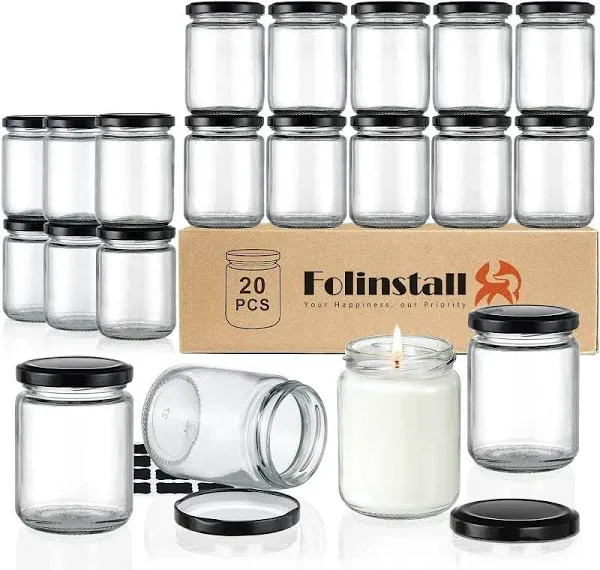 Folinstall 8 oz Small Glass Jars with Airtight Lids, 20 Pcs Empty Candle Jars for Candle Making, Glass Food Storage Jars for