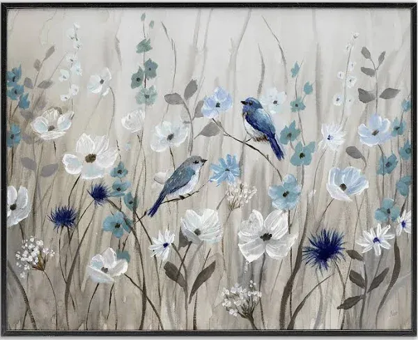 Stupell Industries Birds Floral Meadow Blue White Blossoms, Design by Nan