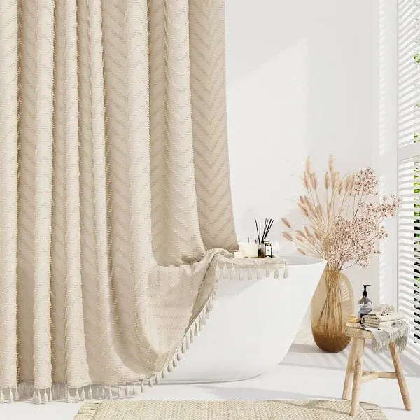 Dynamene Boho Farmhouse Shower Curtain Beige Fabric Tufted Chevron Striped ...