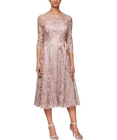 Alex Evenings Floral Embroidered Ribbon-Tie Midi Dress, Rose, 10