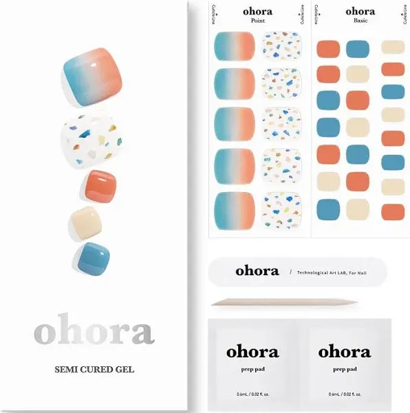 ohora Semi Cured Gel Nail Strips (P Before Sunset) - Blue/Orange, Pattern, Works with UV/LED Lamps, Salon-Quality, Long Lasting, Easy to Apply & Remove - Includes 2 Prep Pads, Nail File & Wooden Stick