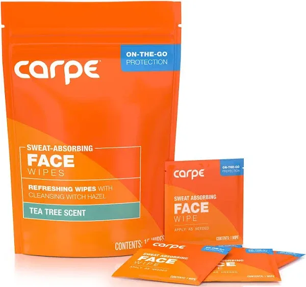 Carpe Sweat Absorbing Face Wipes (15 Facial Wipes). Witch Hazel & Tea Tree Oil Wipes Infused with Eucalyptus. Energizing, Refreshing, and Soothing.