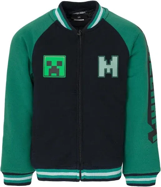 Minecraft Creeper Big Boys French Terry Zip Up Varsity Bomber Jacket Black 10-12