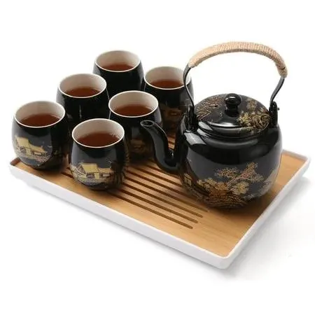 Japanese Beautiful Asian Porcelain Tea Set, Black with 1 Teapot, 6 Tea Cups, 1 T