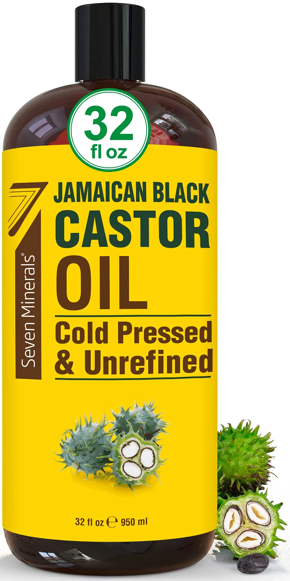 Seven Minerals, Pure Jamaican Black Castor Oil Big 32 fl oz Bottle Unrefined & Hexane Free for Hair Growth, Thicke