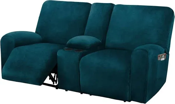 N/A 2 Seater Velvet Stretch Recliner Cover, with Console & Pockets, Washable Fabric, Recliner Slipcovers for Furniture, Sofas, Couches & Chairs,F