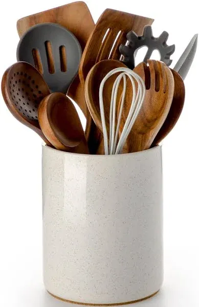 Nucookery Utensil Holder, 6.4" Ceramic Kitchen Utensil Holder for Countertop with Protection Cork Bottom, Vintage Farmhouse Kitchen Decor for Counter (Sand)