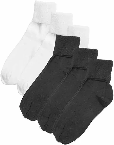 Buster Brown Womens 100% Cotton Fold Over Socks - 6 Pair Pack - White/Black - XL