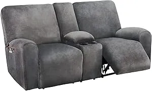 Recliner Loveseat Covers with Middle Console, 8-Piece Stretch Velvet Loveseat Reclining Couch Slipcovers for 2 Cushion Sofa Slipcovers Furniture Covers Thick Soft Washable (Color : Grey)