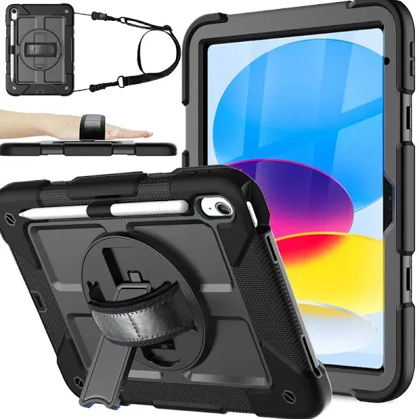 BMOUO Case for iPad 10th Generation Case 10.9 inch 2022 - with Screen Protector, 360 Rotating Stand & Pencil Holder & Hand & Shoulder Strap Shockproof iPad 10th Generation Case (iPad 10th Gen), Black